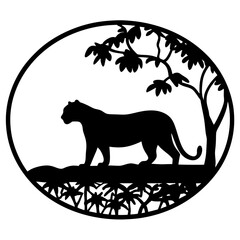 Elegant Silhouette of a Panther in a Tropical Setting Framed in a Circle