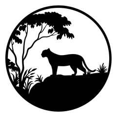 Silhouette of a Cougar in a Circular Frame with African Savanna Landscape