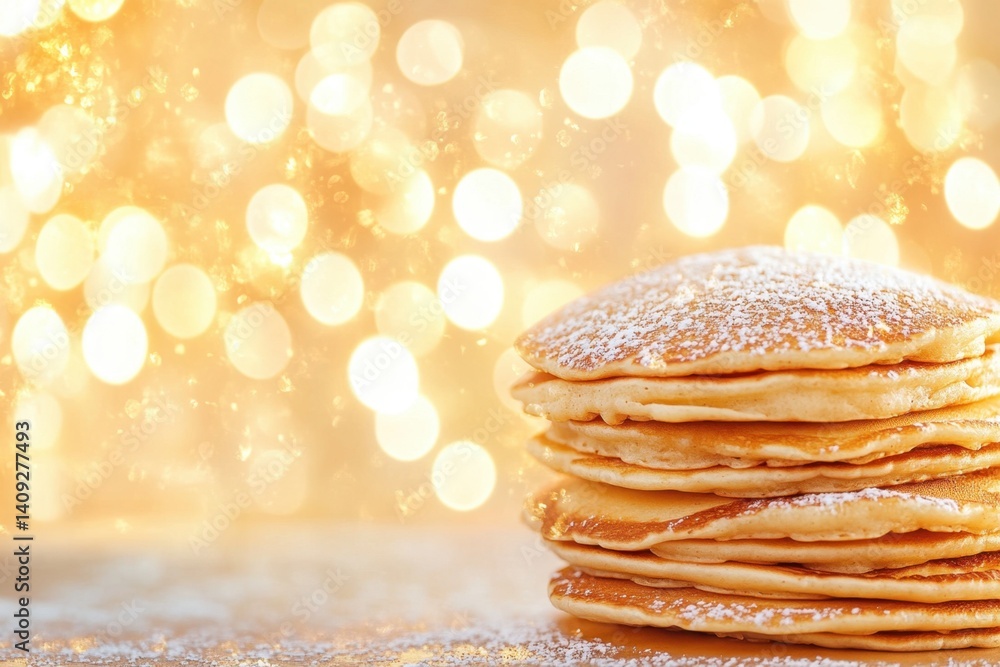 Aufkleber stack of fluffy pancakes dusted with powdered sugar on a golden tabletop with sparkling bokeh backgr