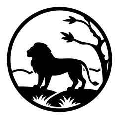 Majestic Lion Silhouette in African Savanna Landscape Circular Design