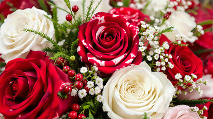 Obraz premium close-up of a luxurious bouquet of red and white roses with baby's breath