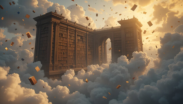 "A massive ancient library floating in the clouds, books flying around magically, golden sunlight, fantasy setting, glowing sky, surreal and peaceful environment"