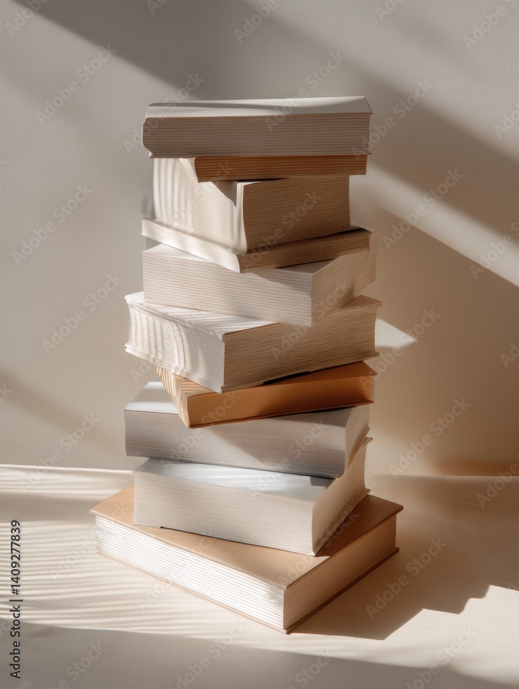 Poster stack of books with neutral tones and soft shadows creating a calm and serene atmosphere for reading