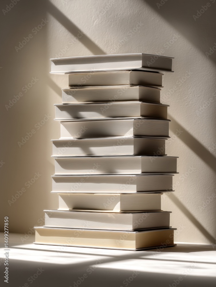 Poster stack of books in natural light creating shadows on wall background for education and knowledge conc