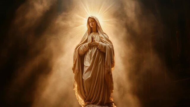 White statue of the Blessed Virgin Mary illuminated by golden divine light, symbolizing the Assumption into heaven, holiness, purity, and spiritual grace, 