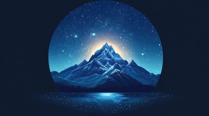 Fototapeta premium Circle icon of mountain and starry sky, bright backdrop