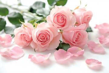 Delicate Pink Roses and Petals on a White Background