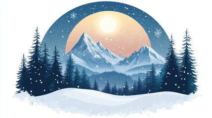 Fototapeta premium Circular winter scene icon with mountain and sky