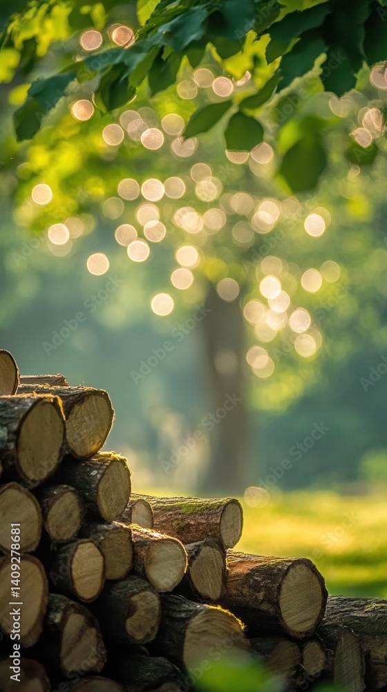 Poster rustic stack of firewood logs in golden sunlight with bokeh background capturing the essence of natu