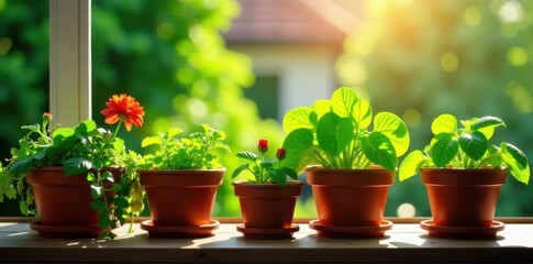 Vibrant potted herbs thriving on sunny balcony, container gardening, urban