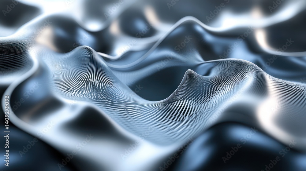Poster surreal metallic landscape with smooth lines and subtle reflections