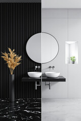 modern bathroom split with black and white aesthetics