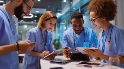 Collaborative Care: A Team of Doctors Reviewing Patient Data on Tablets in a Modern Hospital