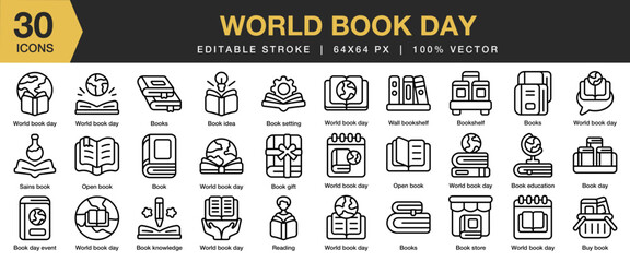World Book Day icon set. Editable Stroke Icon Collection. Includes book, education, literature, library, world, read, and More. Outline icons vector collection.