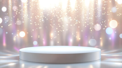 White podium display with holographic and sparkling bokeh background for luxury product presentation