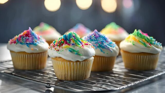 Multiple fresh vanilla birthday cupcakes with white paper wrappers, whipped cream frosting