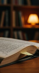 Fototapeta premium Open book on wooden table with warm lamp light background