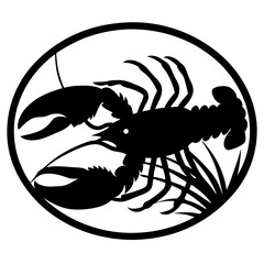 Black and White Silhouette of a Crayfish in a Circle Design Element