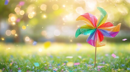 Fototapeta premium celebrating international children's day: a vibrant rainbow pinwheel in a sun-drenched grassy field, adorned with floating confetti and warm bokeh, perfect for joyous and whimsical designs