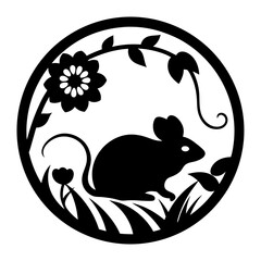 Elegant Black and White Mouse in Floral Circle Design A Chinese Zodiac Symbol