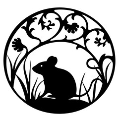 Silhouette of a Mouse in a Circular Floral Frame Artistic Black and White Design