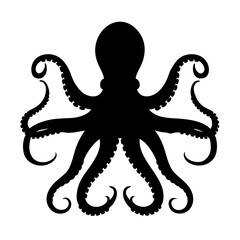 A Detailed Black Silhouette of an Octopus with Eight Tentacles Showing its Suckers and Curls