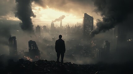 Pixelated Figure Overlooking Devastated Cityscape Surrounded By Smoke and Debris