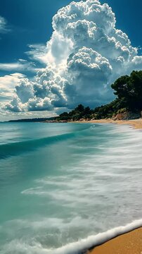 Seashore with gentle waves and soft sand, framed by a lush tropical forest. Perfect for nature, beach, and travel-themed projects. A serene, picturesque scene capturing the beauty of the coast and tro