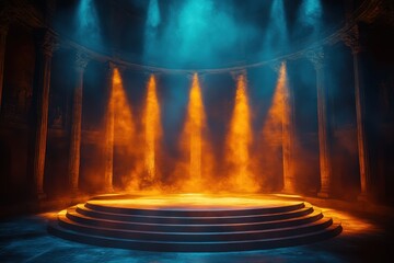 Illuminated Stage: A captivating stage bathed in ethereal light, with spotlights piercing through a hazy atmosphere to highlight architectural columns, creating a dramatic setting.