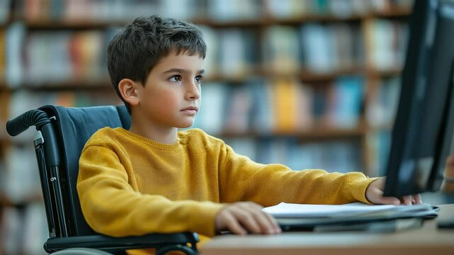 Disabled pupil using computer at school library: elementary school student doing homework surfing the internet