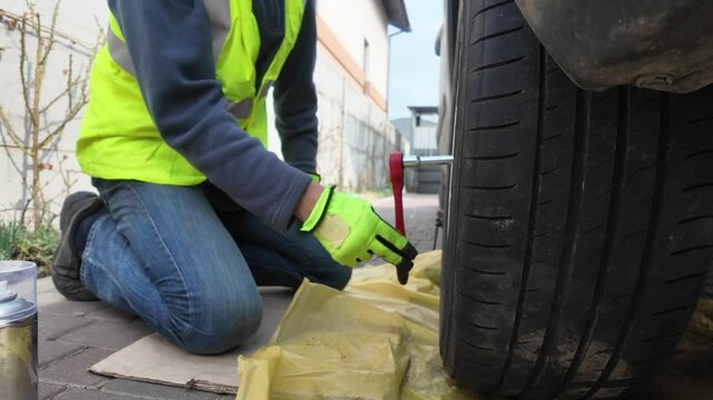 A guy changes tire on street to summer tire in nature