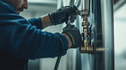 Plumber sealing pipe joints in a commercial building. Featuring precision and technical expertise