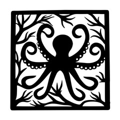 Elegant Black and White Octopus Illustration Framed by Seaweed Artistic Design