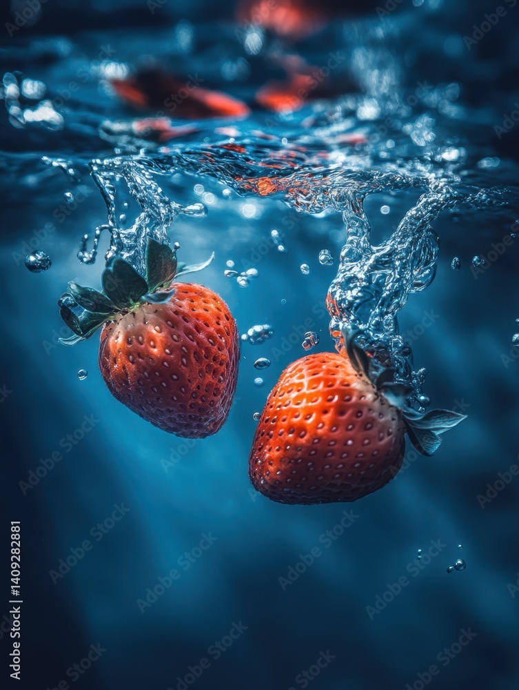 Poster fresh strawberries splashing into crystal clear water creating dynamic ripples and refreshing splash