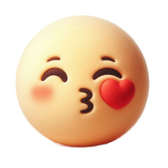 Fototapeta premium Sweet 3D emoji plush of the kissing face. Round yellow plush with puckered lips, one eye closed, and a tiny red heart near the cheek. Fluffy and lovable. White background.