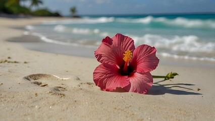 Fototapeta premium close up single vibrant hibiscus flower blooming at the edge of a tropical beach, with turquoise waves and soft white sand surrounding it.
