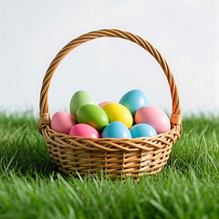 Easter basket, colorful painted eggs, spring flowers