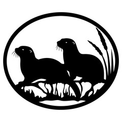 Two Otters Resting on Rocks Near Reeds in a Circular Frame Black and White Wildlife Illustration
