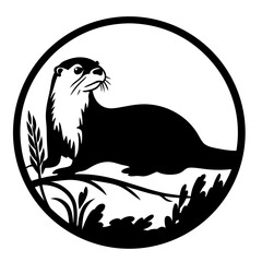 Elegant Black and White Illustration of an Otter Resting by Waterside Vegetation in a Circular Frame