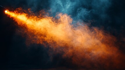 Glowing Light Source Illuminating Orange Smoke Against Dark Blue Background