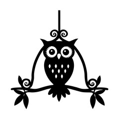 Black and White Owl Hanging on a Branch with Swirls Decorative Design Illustration