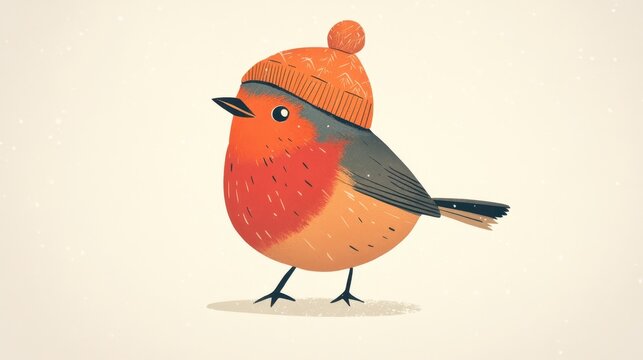 Whimsical Robin in Knit Cap: A charming illustration of a round, feathered robin perches with a vibrant orange breast and wearing a cozy knit cap, creating a heartwarming scene of winter.