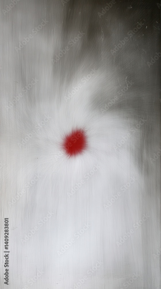 Poster abstract expressionism painting with a central red dot on a textured silver background creating a fo