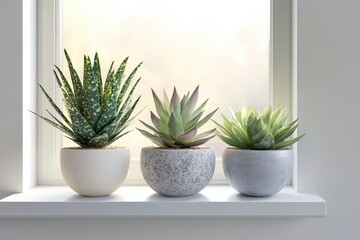 Three succulents in neutral-toned pots on a windowsill.