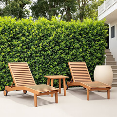 Obraz premium two wooden lounge chairs with side table in a setting