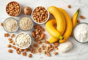 Fresh bananas, oatmeal, walnuts, flour & baking ingredients arranged on marble for banana bread, dessert, food