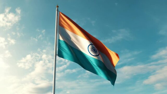 Waving India flag on flag pole with sky on background 4K