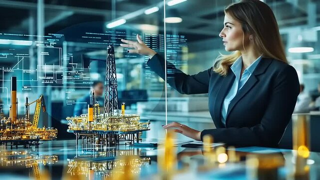 Businesswoman analyzing digital oil rig models in a modern office with colleagues engaged in discussions