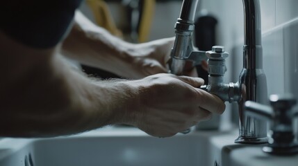 Plumber tightening water pipe connections under a sink. Featuring technical expertise and precision