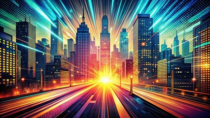 Obraz premium Fast-paced cityscape with dynamic comic book action background featuring halftone dots and speed effects, set against a gritty urban backdrop, action-packed, neon lights